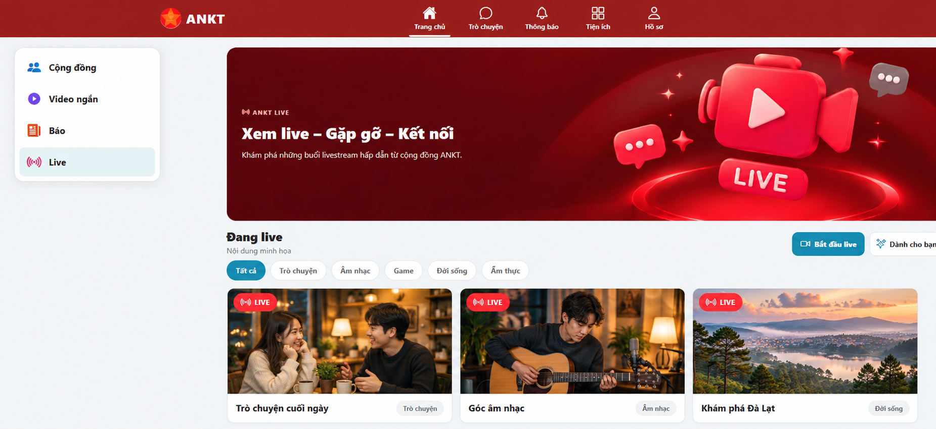 Giao diện khám phá Live ANKT với các thẻ chủ đề mẫu, không phải phiên phát đang diễn ra.