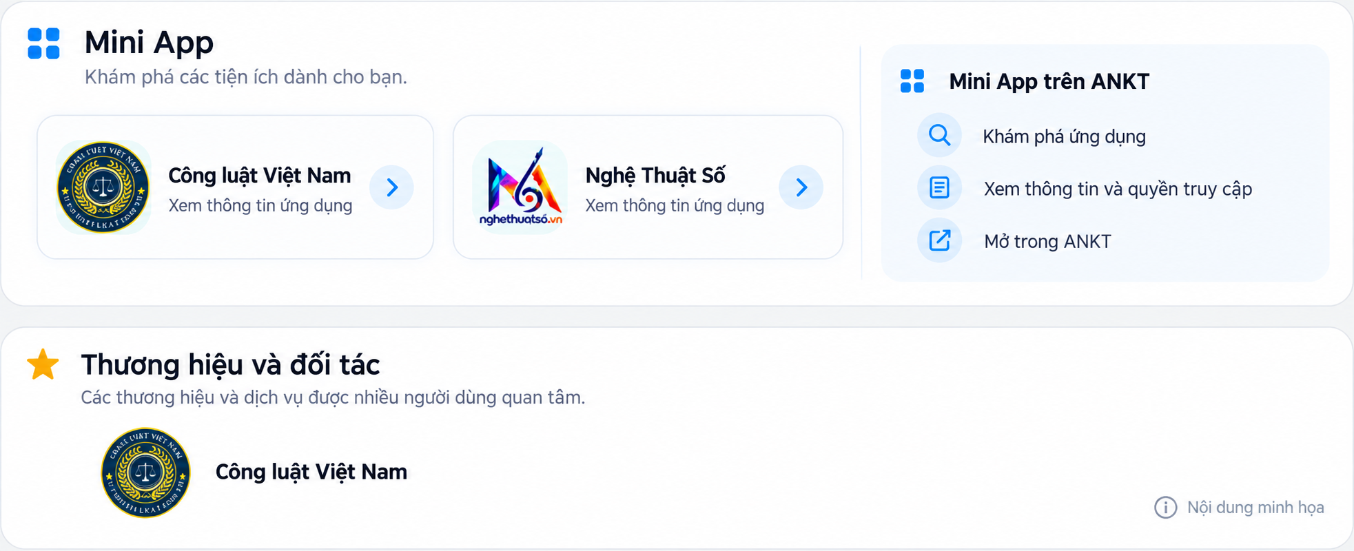 Giao diện tiện ích ANKT với hai Mini App hiện có, được chỉnh bố cục và nội dung để minh họa.